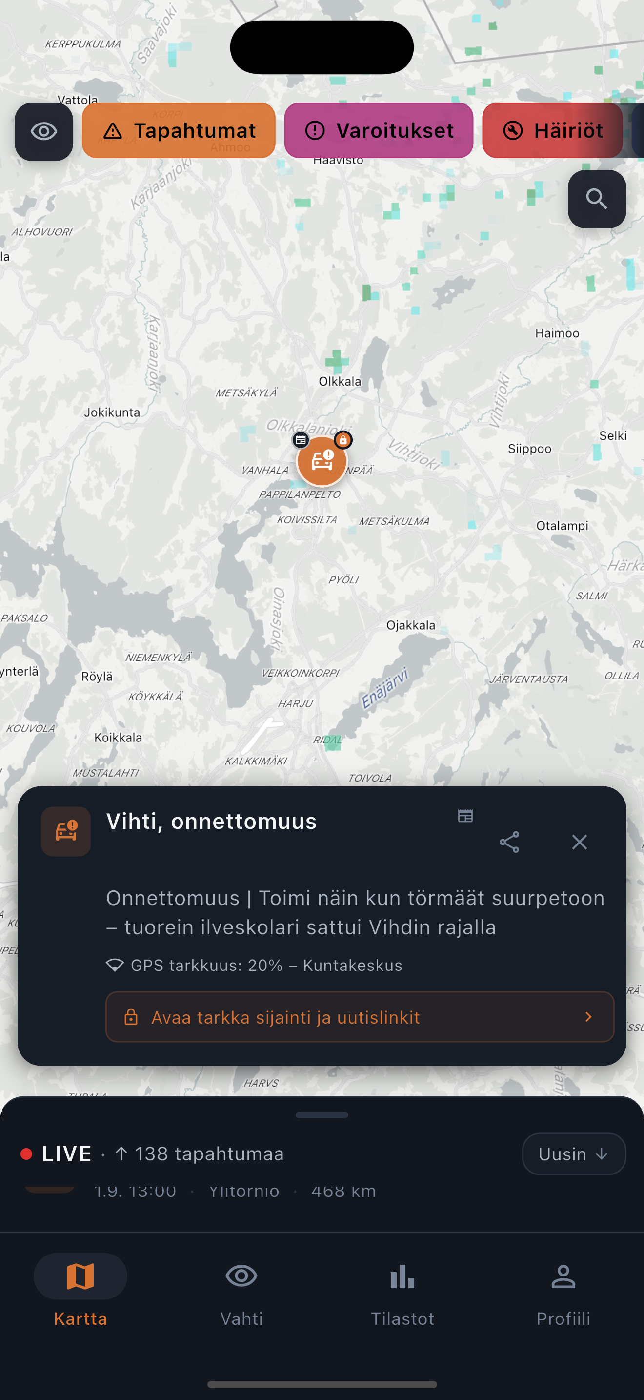 Tilannekartan oikea sovellusnäkymä: yksittäinen palohälytys avattuna kartalla