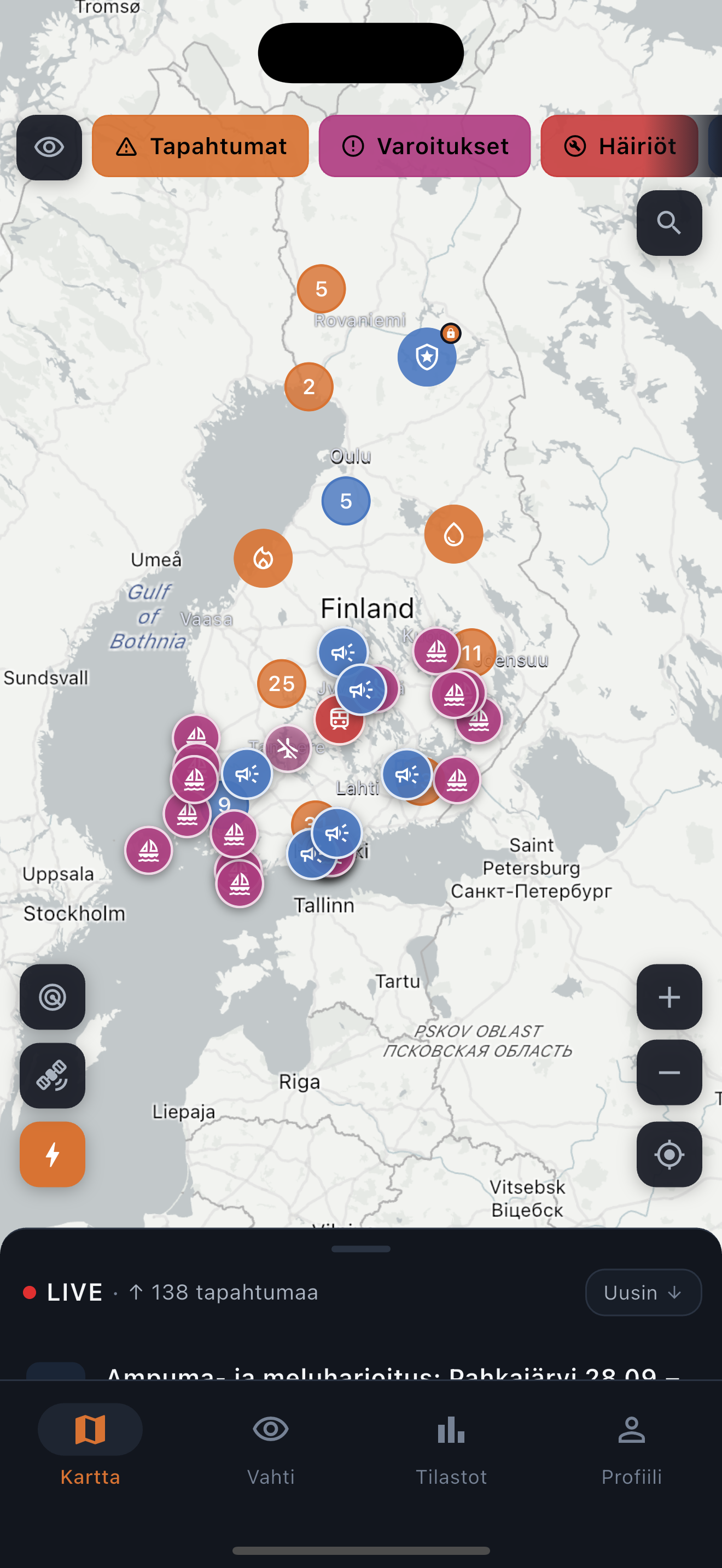 Tilannekartan oikea sovellusnäkymä: koko Suomen kartta ja ajantasaiset tapahtumat