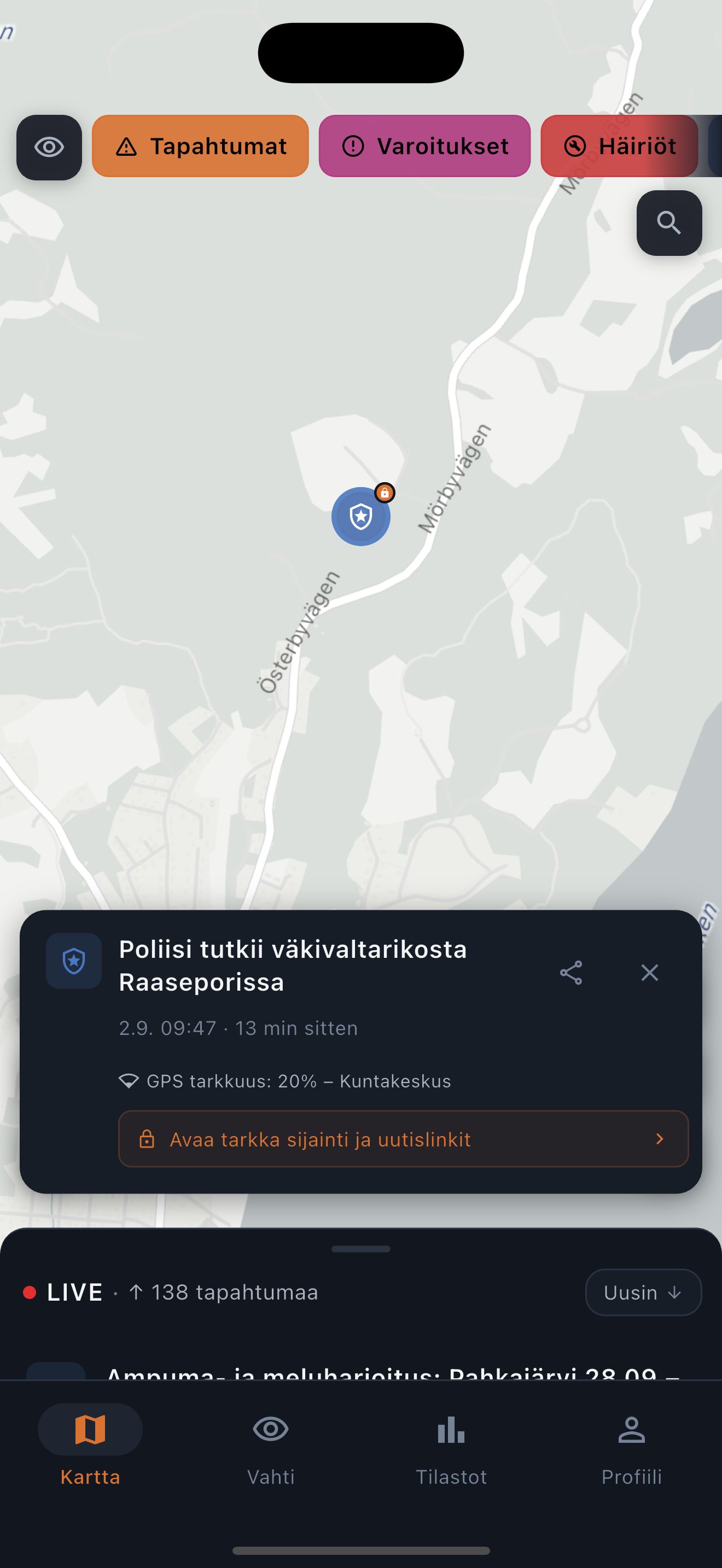 Tilannekartan koko Suomen karttanäkymä ja tapahtumapisteet