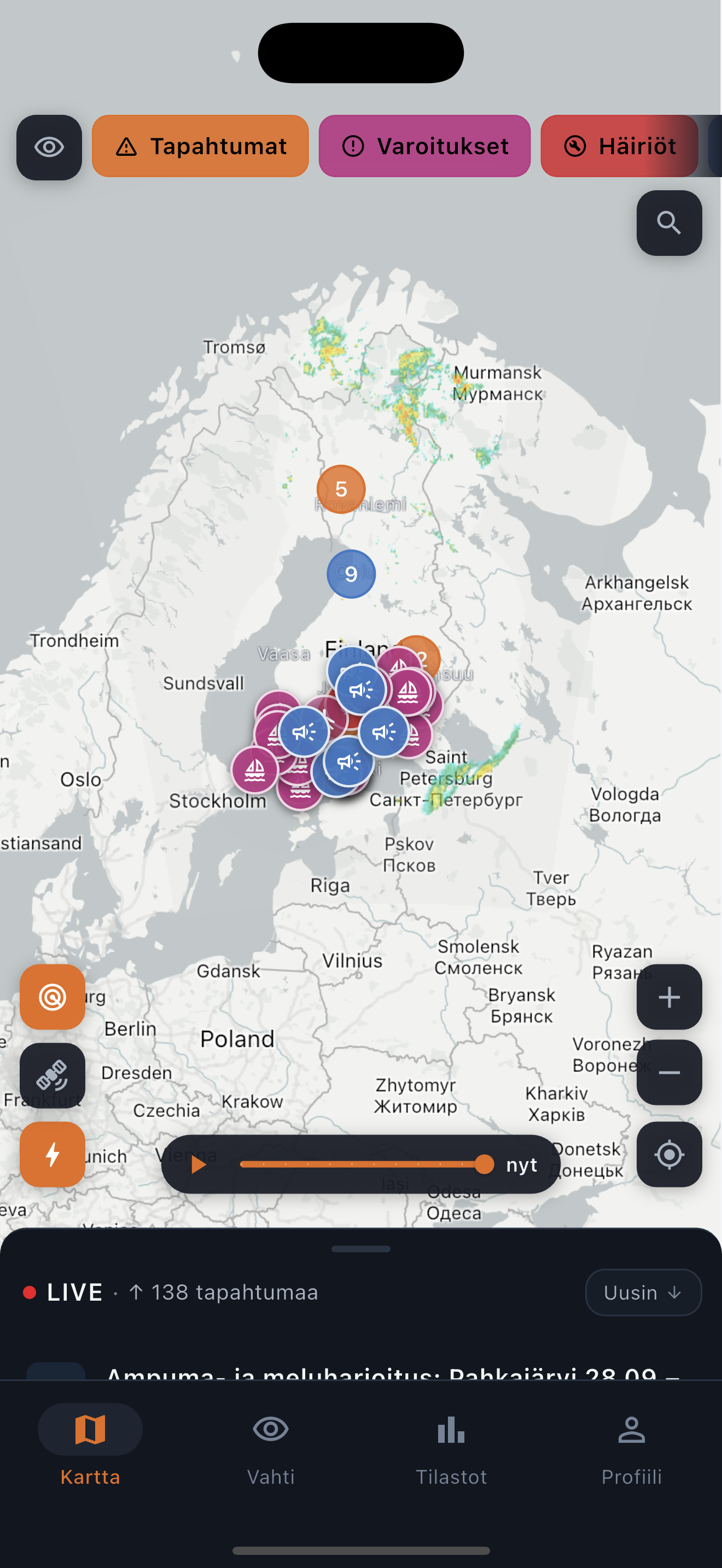 Tilannekartan sadetutka ja säävaroitukset kartalla