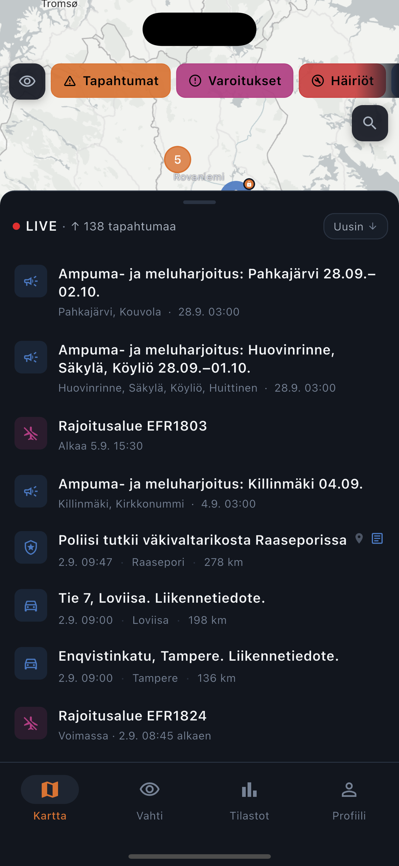 Tilannekartan tapahtumalista, jossa näkyy liikennetiedote